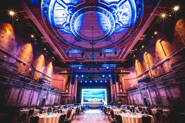 Victorian Theatre at Alexandra Palace, elegant ceiling, ideal for conferences and gala dinners.