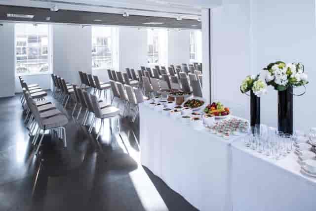 Event space in Science Gallery London with chairs and refreshments for conferences.