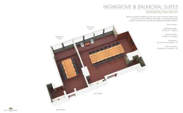 Highgrove Executive Boardroom layout for corporate meetings with natural light and seating.