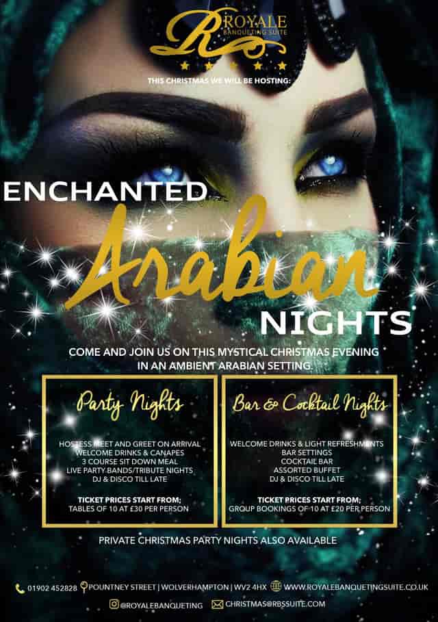 "Enchanted Arabian Nights flyer showcasing festive Christmas event at Royale Banqueting Suite."