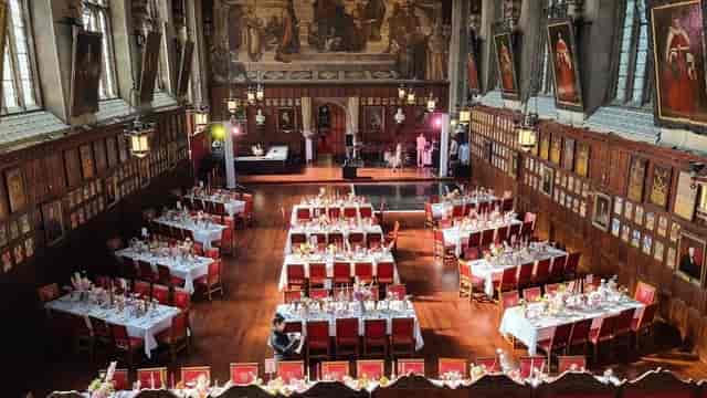 Lincoln's Inn Great Hall gala dinner, historic, ornate red chairs