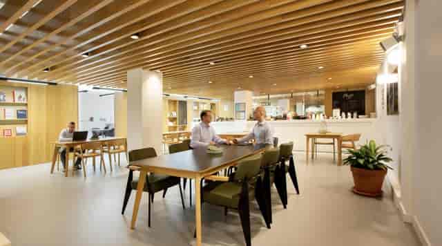 Modern meeting room with natural light, ideal for collaboration and networking events.