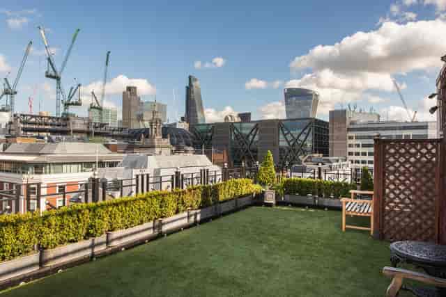 Rooftop venue at Vintners' Hall with greenery, perfect for outdoor events and receptions.