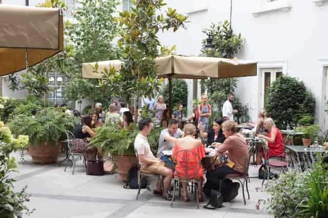 Outdoor gathering space at Petersham Nurseries, ideal for networking events and meetings.