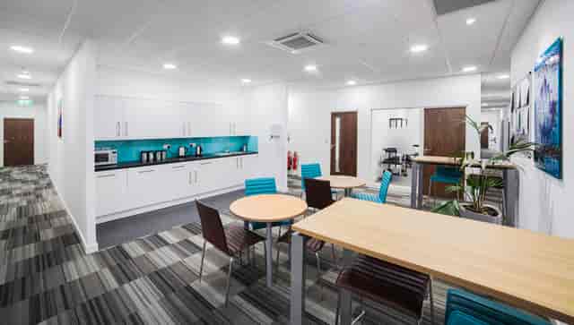 Modern break room in UBC Fleet's Lancaster Suite, perfect for meetings and events.