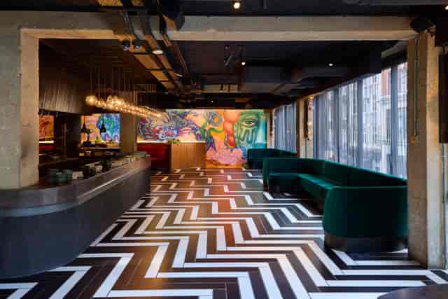Chotto Matte modern dining room, geometric floor, cocktail reception