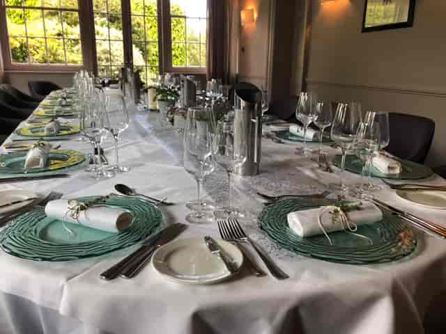 Elegant dining table at The Elms Hotel for corporate events and gatherings.