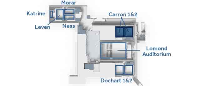 Carron Room SEC Glasgow floor plan for efficient conference event planning and logistics.