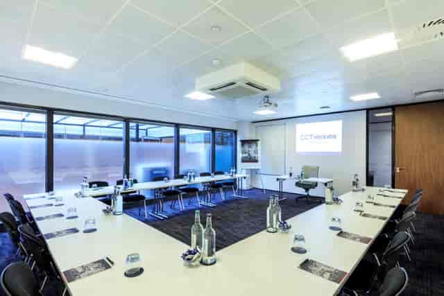 U-shape boardroom at The Teak Room, Docklands; ideal for corporate workshops and business meetings.