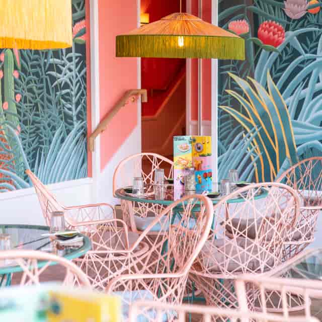 Vibrant event space at Temakinho Tower Bridge with tropical decor for networking events.
