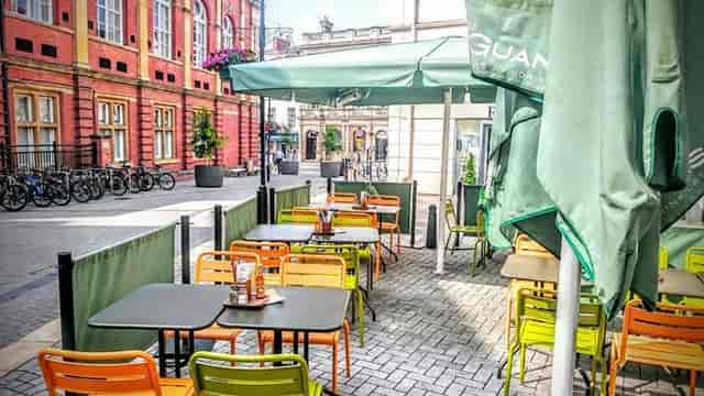 Outdoor seating area at Las Iguanas Leamington Spa, perfect for networking events.