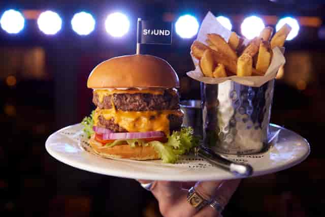 Gourmet burger with cheese and fries at SOUND Sports Bar, perfect for events and catering.