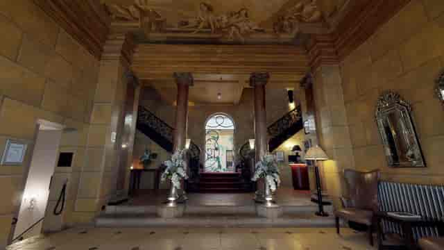 Elegant entrance hall with grand columns at Hotel du Vin Birmingham for upscale events.