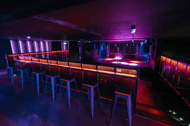 Modern event space in Peckham Audio with vibrant lighting for nightlife and gatherings.
