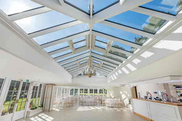 Bright event space in The Orangery, Hayne House, perfect for weddings and corporate meetings.
