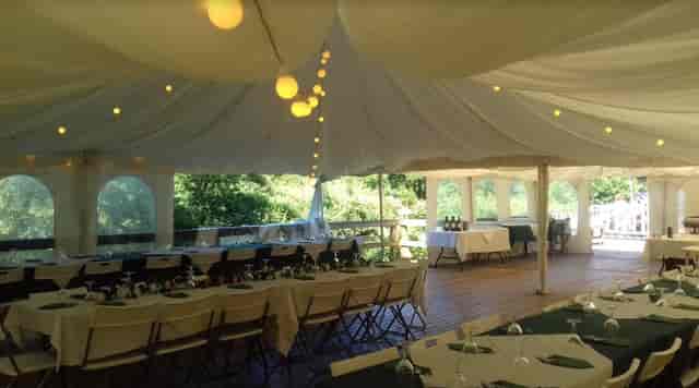 Elegant event tent at Beeses Riverside Bar, perfect for weddings and corporate gatherings.