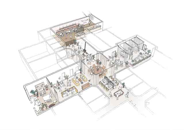 Versatile event space floor plan with networking, dining, and presentation areas.