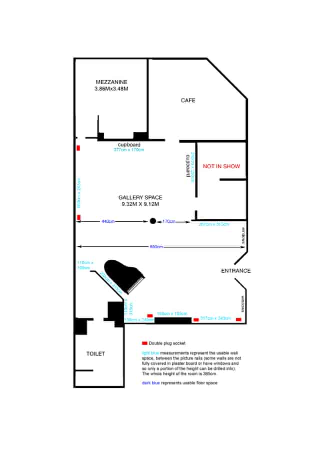 Gallery floor plan layout, 9.32m x 9.12m, ideal for art displays and networking events.