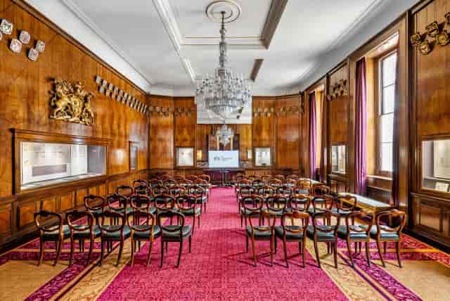Elegant Exhibition Room at Goldsmiths' Hall, perfect for seminars and presentations.