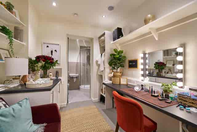 Aldwych Theatre dressing room with ample lighting for event professionals' preparations.