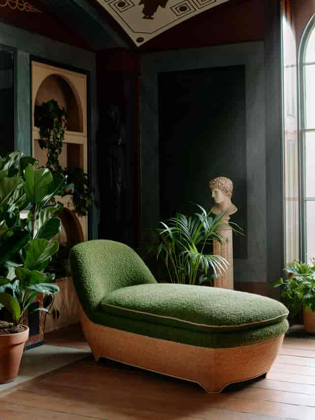 Soane Suite lounge with green chaise, ideal for networking and casual meetings.