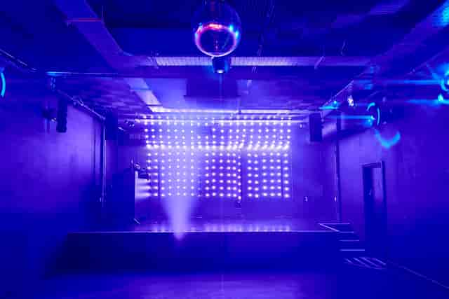 First Floor Camden Assembly with modern design, disco ball for events and parties.