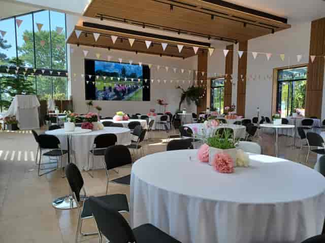 Hilltop Garden Room at RHS Wisley, elegant event space with floral decor for celebrations.