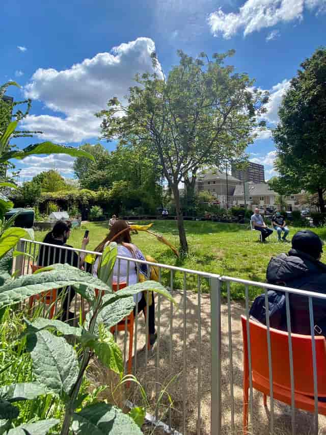 Outdoor event setup in The Garden, featuring informal seating for networking gatherings.