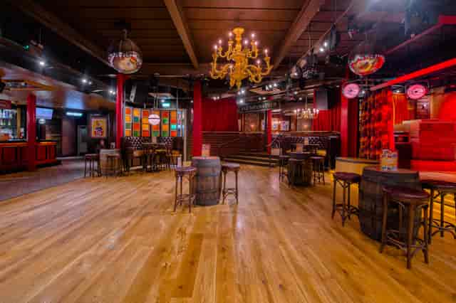 Versatile event space in Revolución de Cuba Manchester with wooden flooring, ideal for parties.