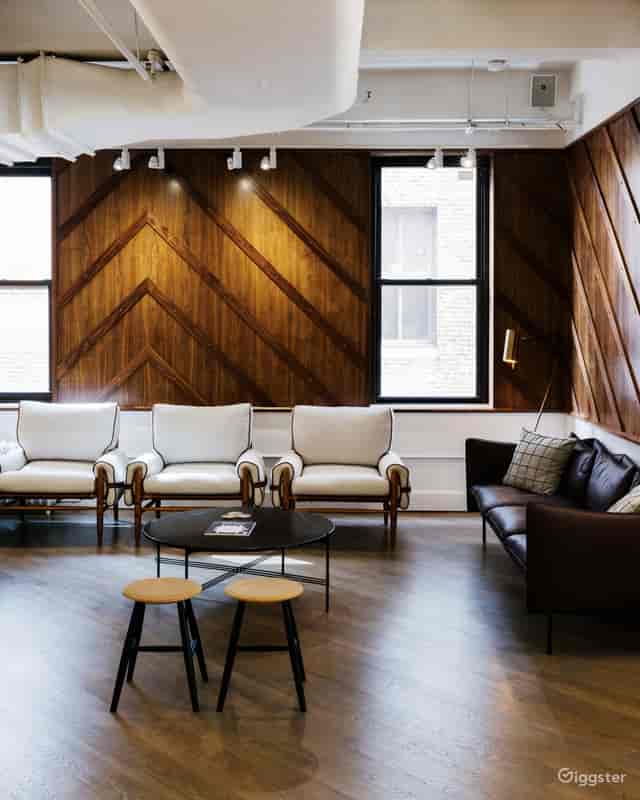 Stylish meeting space with wooden walls, ideal for brainstorming sessions and collaboration.