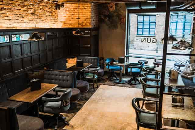 Stylish lounge in East London, perfect for networking events with rustic decor.