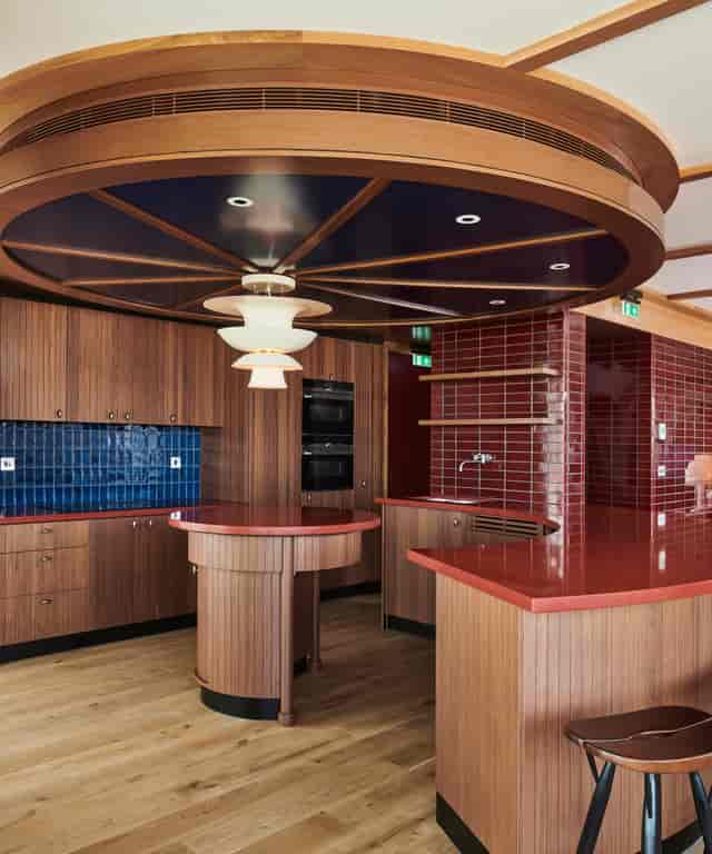 Modern kitchen in The Standard, London, ideal for events with sleek cabinetry and vibrant tiles.