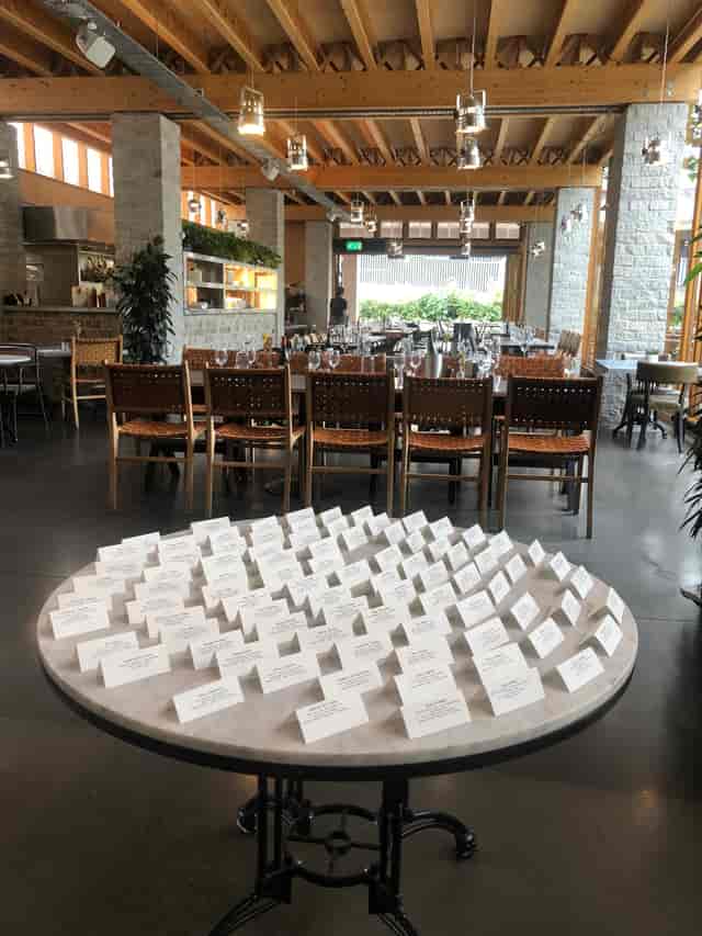 Upscale event seating with round table and place cards in The Greenroom.