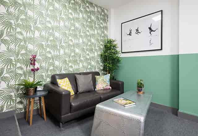 Stylish lounge area in Runway East Soho, ideal for networking and informal meetings.
