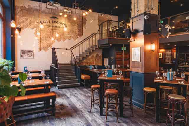 Stylish venue with wooden tables and warm ambiance for networking events or intimate dinners.