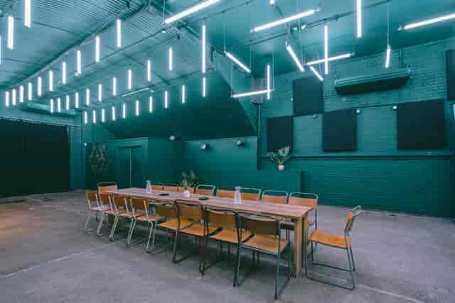 Industrial corporate event venue, mood lighting, unique meeting space