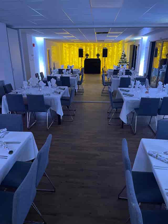 Waterside Suite in Northampton: elegant dinner setup for corporate events and celebrations.