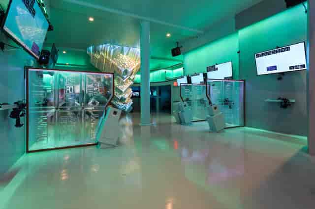 Modern event space in VR World NYC with vibrant lighting for tech events and product launches.