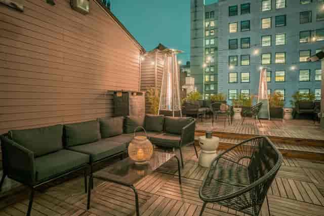 Stylish rooftop venue with cozy seating for intimate gatherings and networking events.