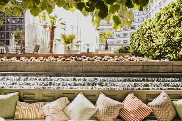 Serene outdoor venue at La Terrazza with vibrant flowers, ideal for networking events.