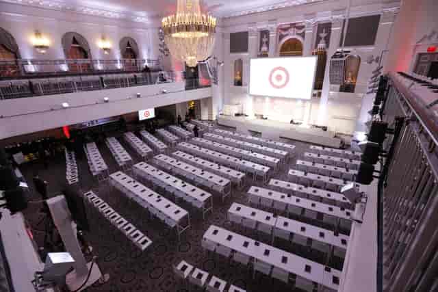 Ballroom at 583 Park Avenue, NYC: elegant venue for corporate events with grand chandelier.