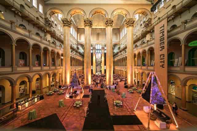 Great Hall in National Building Museum, elegant columns, ideal for conferences and galas.