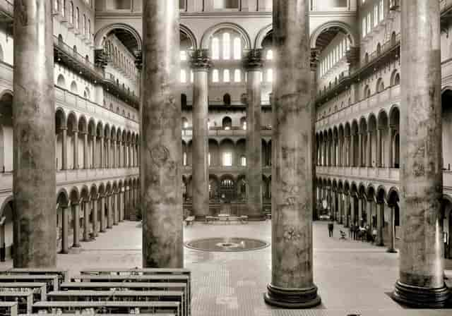 Great Hall in National Building Museum with towering columns, ideal for events and conferences.