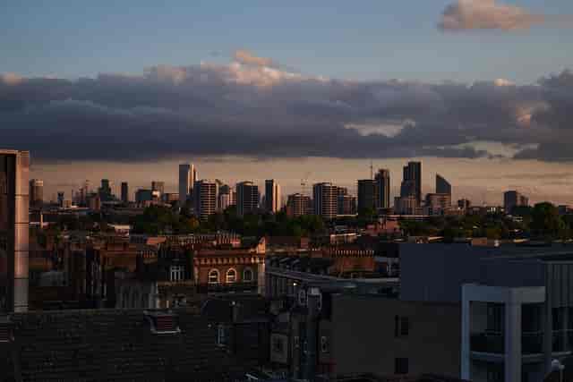 Dalston Roofpark skyline view, modern architecture, ideal for corporate and social events.