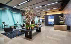 Modern event space at Bryant Forum with elegant decor for corporate gatherings.