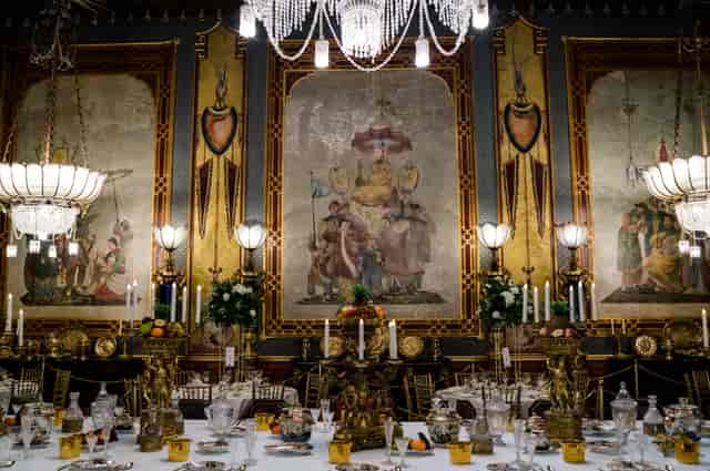 Elegant Banqueting Room in Royal Pavilion with opulent decor for formal events.