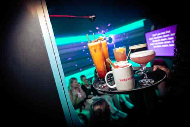 Vibrant cocktails at Lucky Voice Soho for networking and celebratory events.