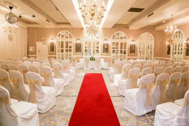 Elegant wedding ceremony setup in The Charter Suite, Moor Hall Hotel & Spa.