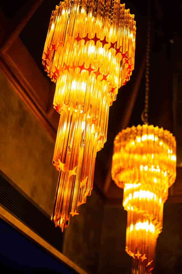 Elegant chandeliers in Amaru Lounge & Bar, perfect for events and receptions.