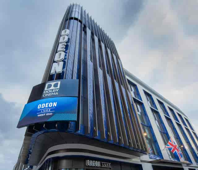 Modern ODEON Luxe West End cinema with striking facade, ideal for film premieres and events.